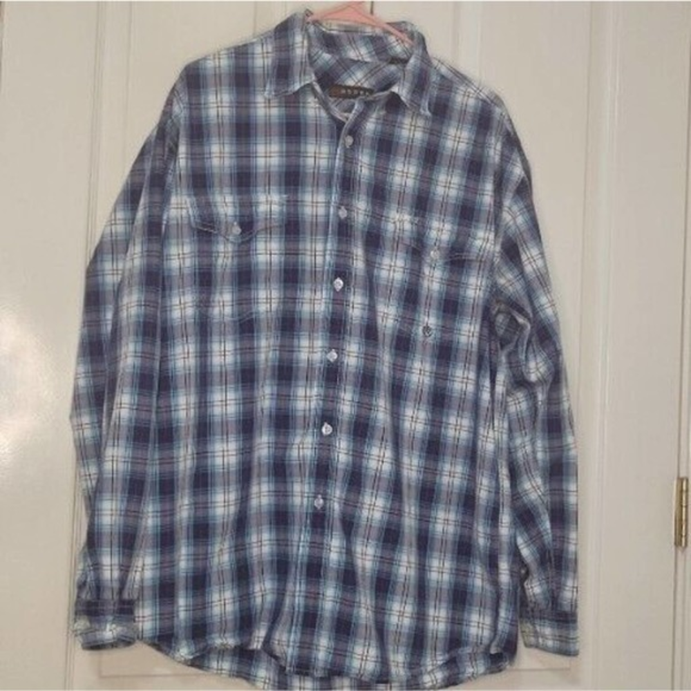 Roper Shirt Mens Large Blue Plaid Long Sleeve Button Down 100% Cotton‎